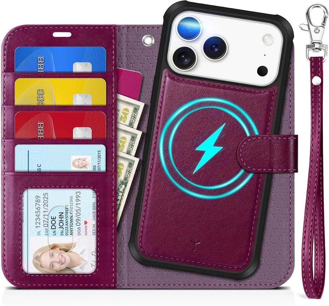 TUCCH Detachable Case Wallet for iPhone 17 Pro Max (6.9") 2025, Wrist Strap | 4 Card Slots RFID Blocking | Wireless Charging | Stand | 2-in-1 Magnetic | PU Leather | Shockproof Cover | Plum Purple