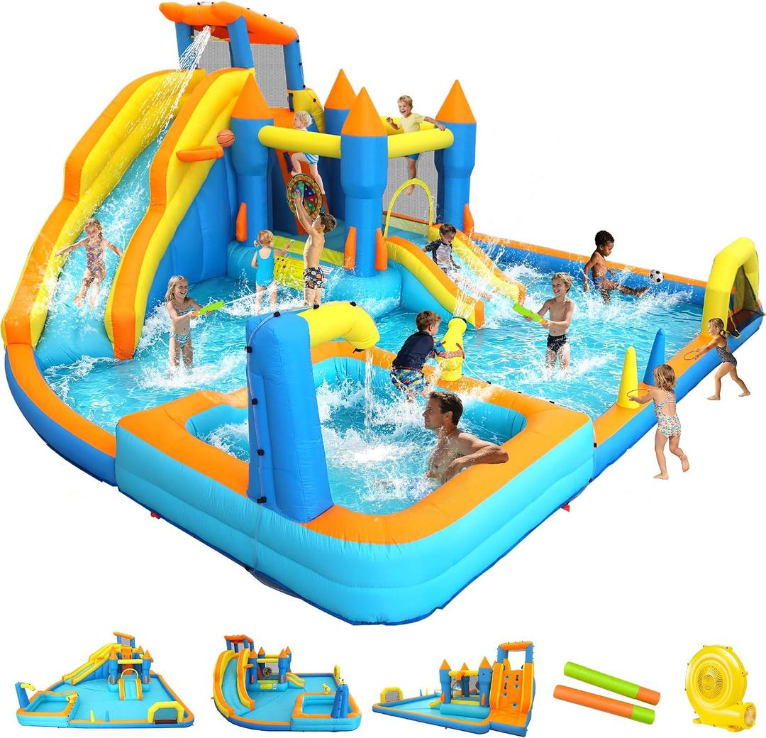 Inflatable Water Slide Park, 12-in-1 Water Bounce House with Big Splash Pool & Deep Pool, Basketball, Ring Toss, Target Game - 19X17.7FT Blow Up Water Slide for Big Kids 3-12 Outdoor Backyard, 228*212*96Inches