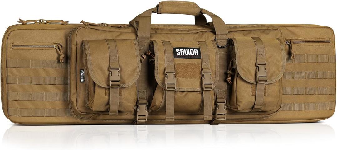 Savior Equipment American Classic Tactical Double Long Gun Bag Pistol Transportation Case w/Backpack Strap, Lockable Compartment, Size: 42" x 12" Double Rifle Case (Flat Dark Earth Tan)