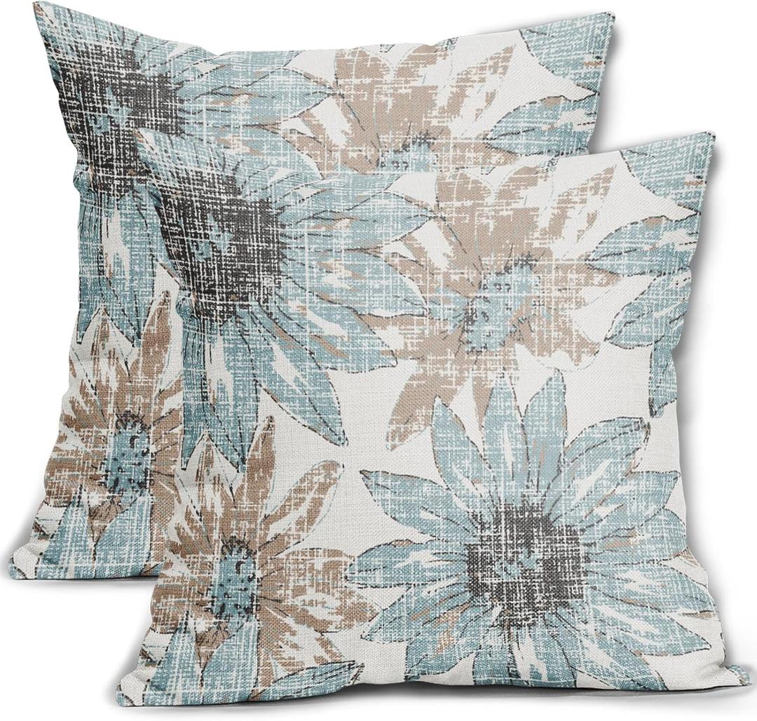Light Blue and Brown Pillow Covers 18x18 Set of 2 Retro Sunflower Flowers Print Decorative Throw Pillows Outdoor Modern Art Floral Pillowcase Square Linen Cushion Case for Home Sofa Couch Bed