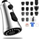Hibbent Pull Down Kitchen Faucet Head Replacement, 3-Function NSF/ANSI/CAN 61 & CUPC Certified Sink Spray Nozzle, 15 Adapters, Compatible with Moen, Delta, Kohler Faucets, Chrome (Shiny Silver)