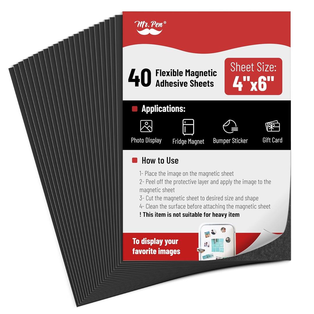 Mr. Pen- Adhesive Magnetic Sheets, 4" x 6", 40 Pack, Magnetic Sheets with Adhesive Backing, Magnetic Sheets, Flexible Magnetic Sheet, Picture Magnets, Cuttable Magnetic Sheets