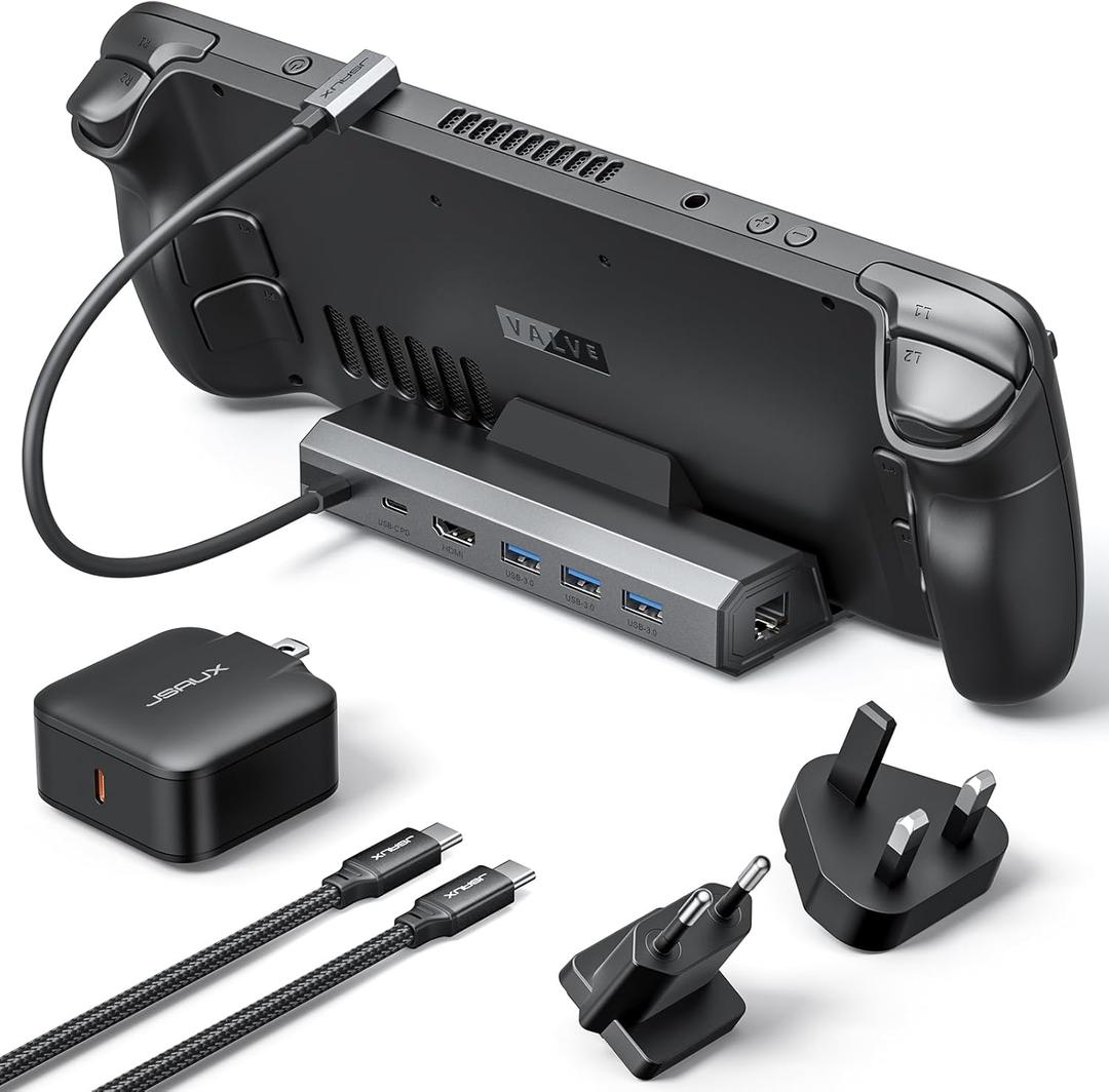 JSAUX 4K@120Hz Docking Station and 65W Charger for Steam Deck OLED/ROG Ally X/Legion Go (S), 6-in-1 Dock with HDMI 2.1, Gigabit Ethernet, 3 USB 3.0 and 100W Charge-HB0603, JSAUX PD Smart Charger