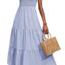 BTFBM Summer Dresses 2026 Spring One Shoulder Floral Flowy Sundresses for Women Sleeveless Smocked Boho Beach Maxi Dress (Blue, L)
