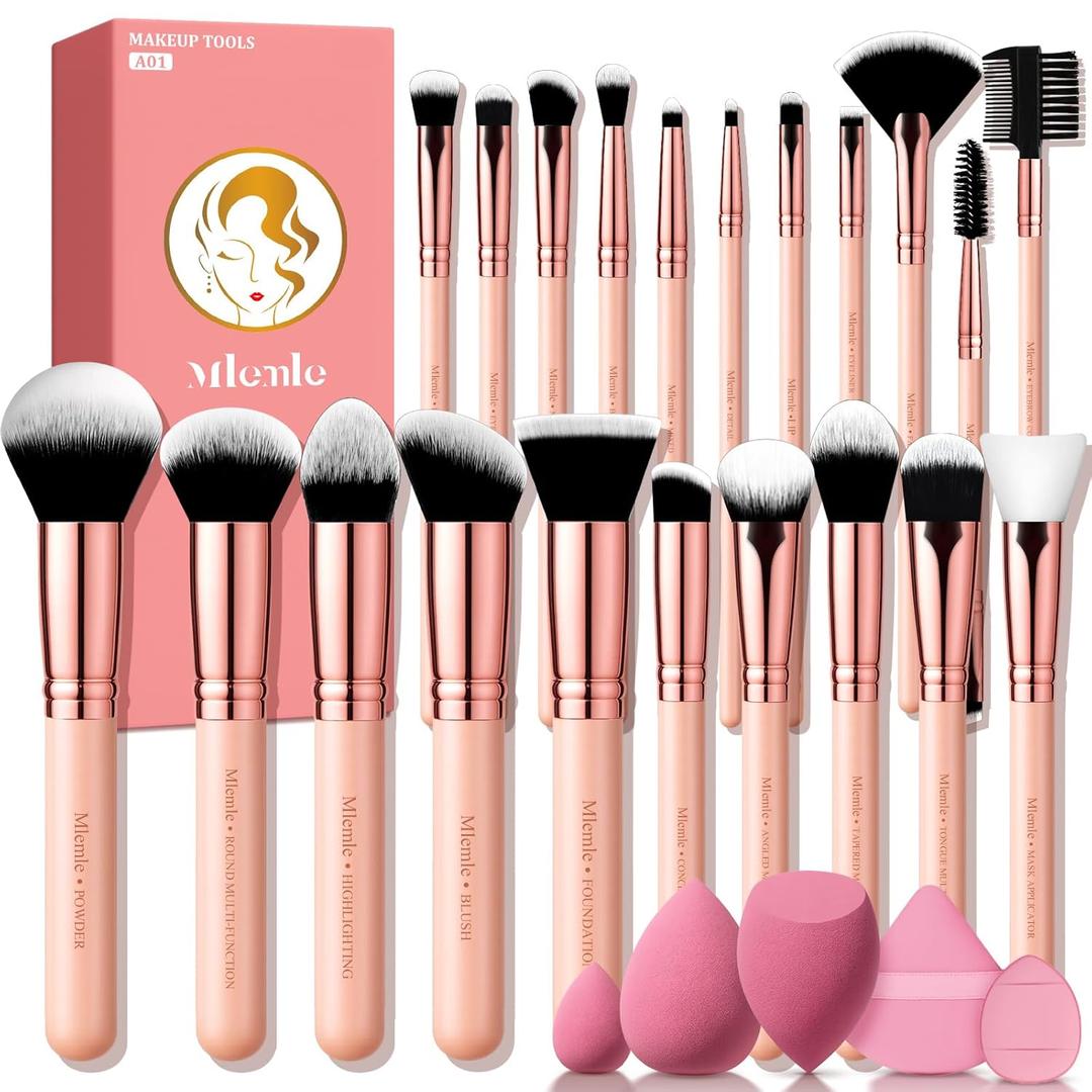 Makeup Brushes Set, Mlemle Professional 26 Pcs Makeup Kit, Include Powder Foundation Concealers Blush Eye shadows Eyebrow 21 Pcs Makeup Brushes and 2 Powder Puff, 3 Makeup Sponge(A01-Pink)