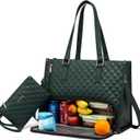 LOVEVOOK Lunch Tote Bag for Women, 15.6 Inch Laptop Bag with Insulated Lunch Compartment, Quilted Large Capacity Computer Handbag with Purse for Business, Work, Nurse, Collage, Office, Casual, Green