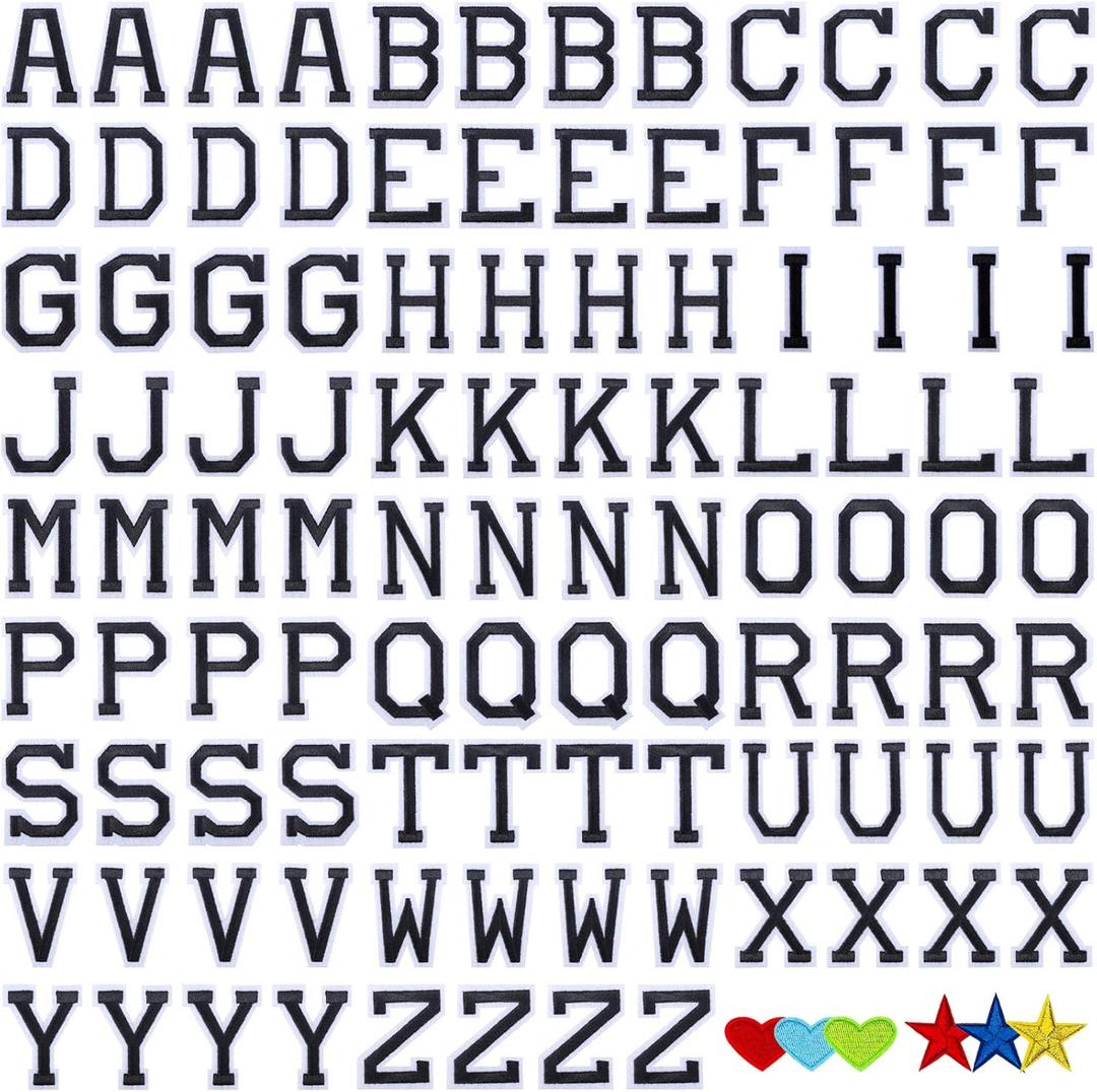 Jongdari Iron on Letters, 110 Pcs Alphabet Patches, Decorate Repair Letter Patches for Clothing Shirts Jackets Hats Jeans Shoes Bags (Black)
