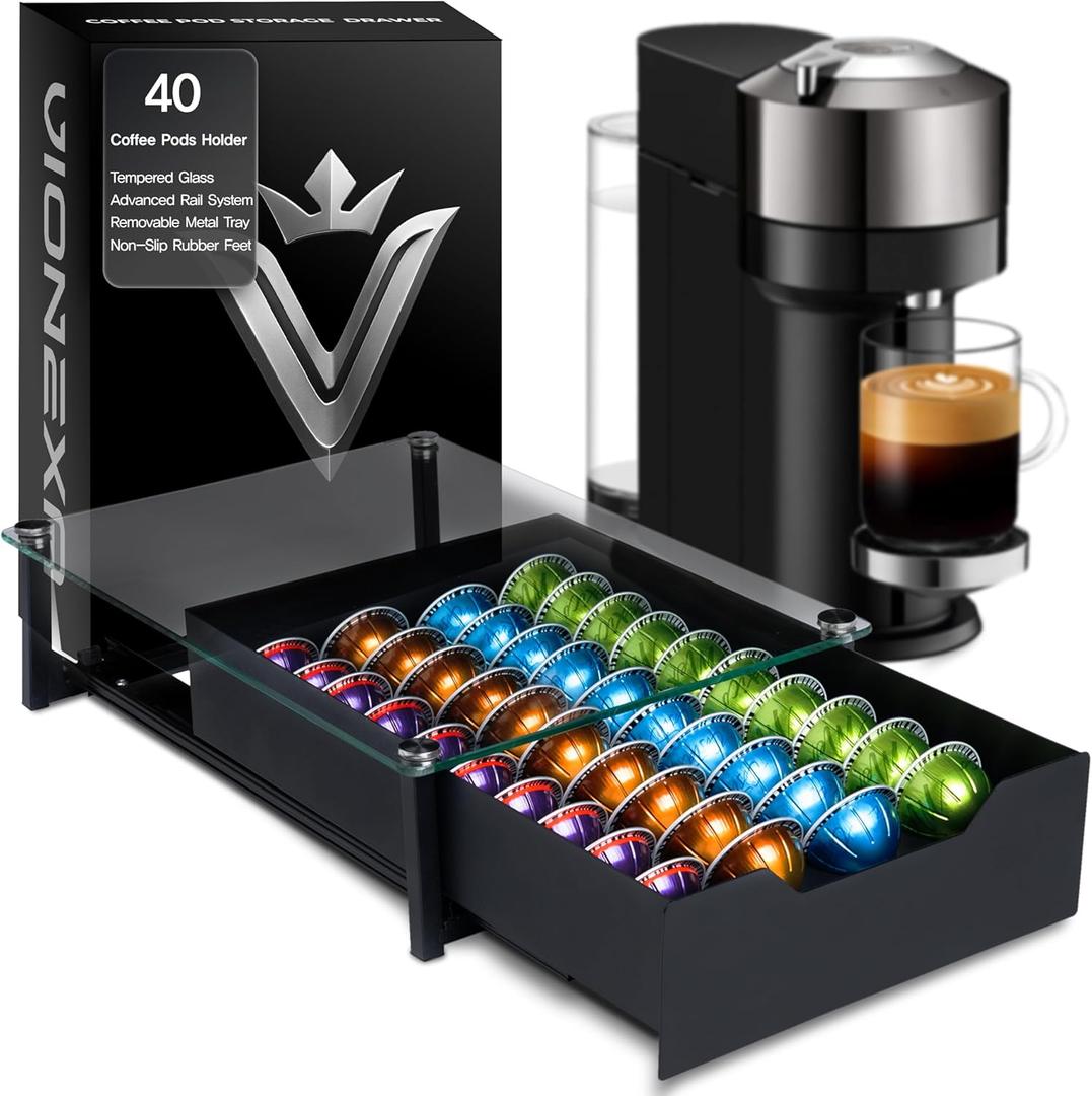 Coffee Pod Holder with Rail Drawer for Nespresso  40 Pods Capacity for Nespresso Vertuoline & K-cups Capsule  Tempered Glass and Anti-Slip Base Metal Coffee Pods Organizer 16.14x11.81x3.94