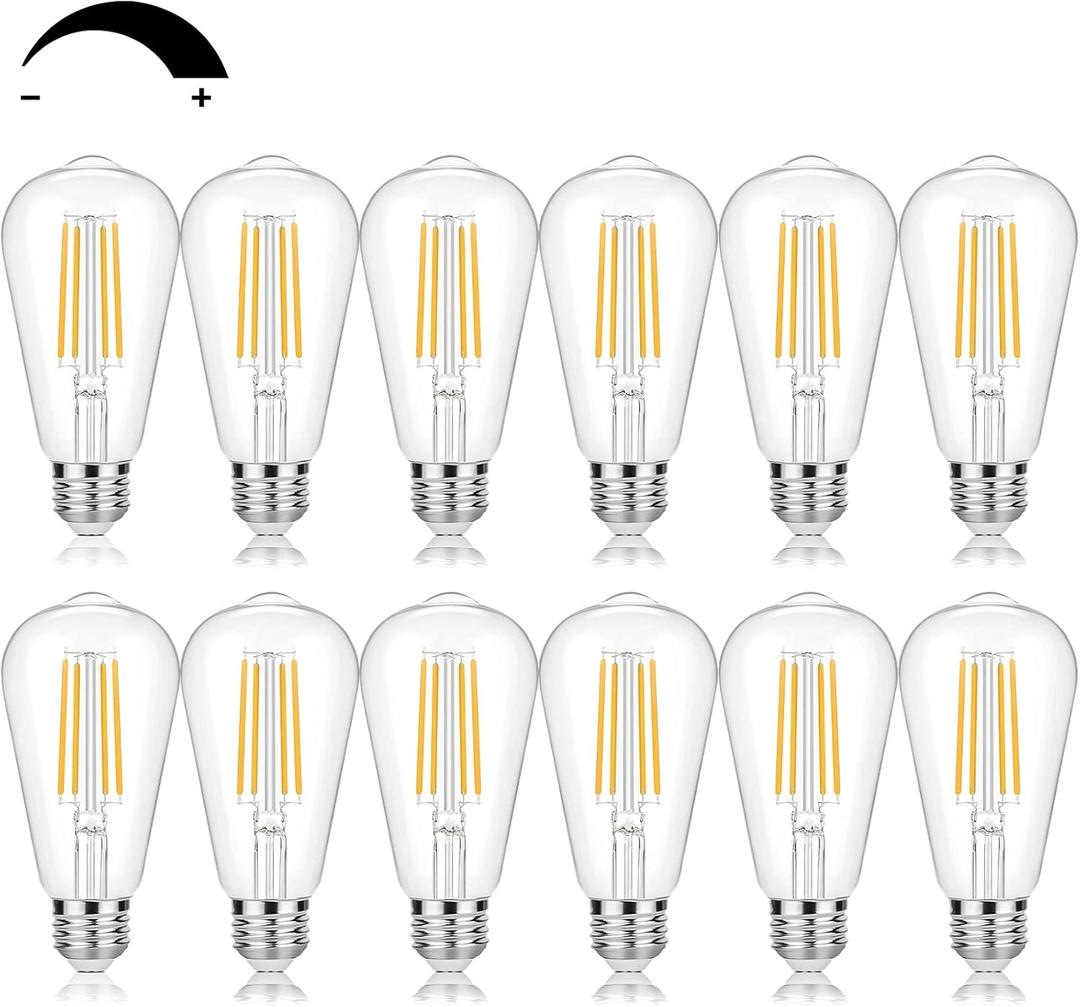 Vintage LED Edison Bulbs 60 Watt Equivalent Dimmable 7W ST58 LED Filament Light Bulbs Warm White 3000K Antique Style Lighting High Brightness 800LM E26 Medium Base Clear Glass for Home Office, 12 Pack