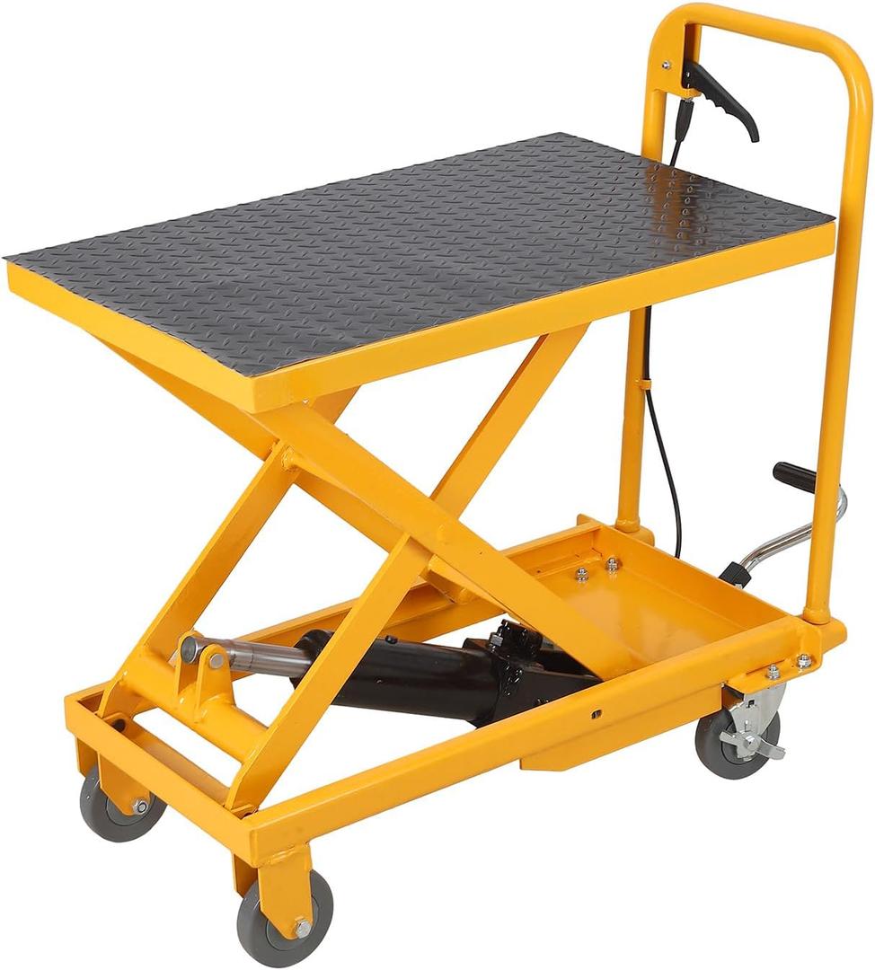 1100lbs Hydraulic Lift Table Cart, 34" Lifting Height, Manual Single Scissor Lift Table with 4 Wheels and Non-Slip Pad, Hydraulic Scissor Cart for Material Handling, Yellow