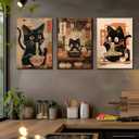 Framed Funny Black Cat Canvas Wall Art Set of 3, Vintage Japanese Cat Eating Ramen Wall Decor, Cute Animal Poster Prints, Edo Period Paintings Pictures for Living Room Kitchen Dining Room 16x24 inch