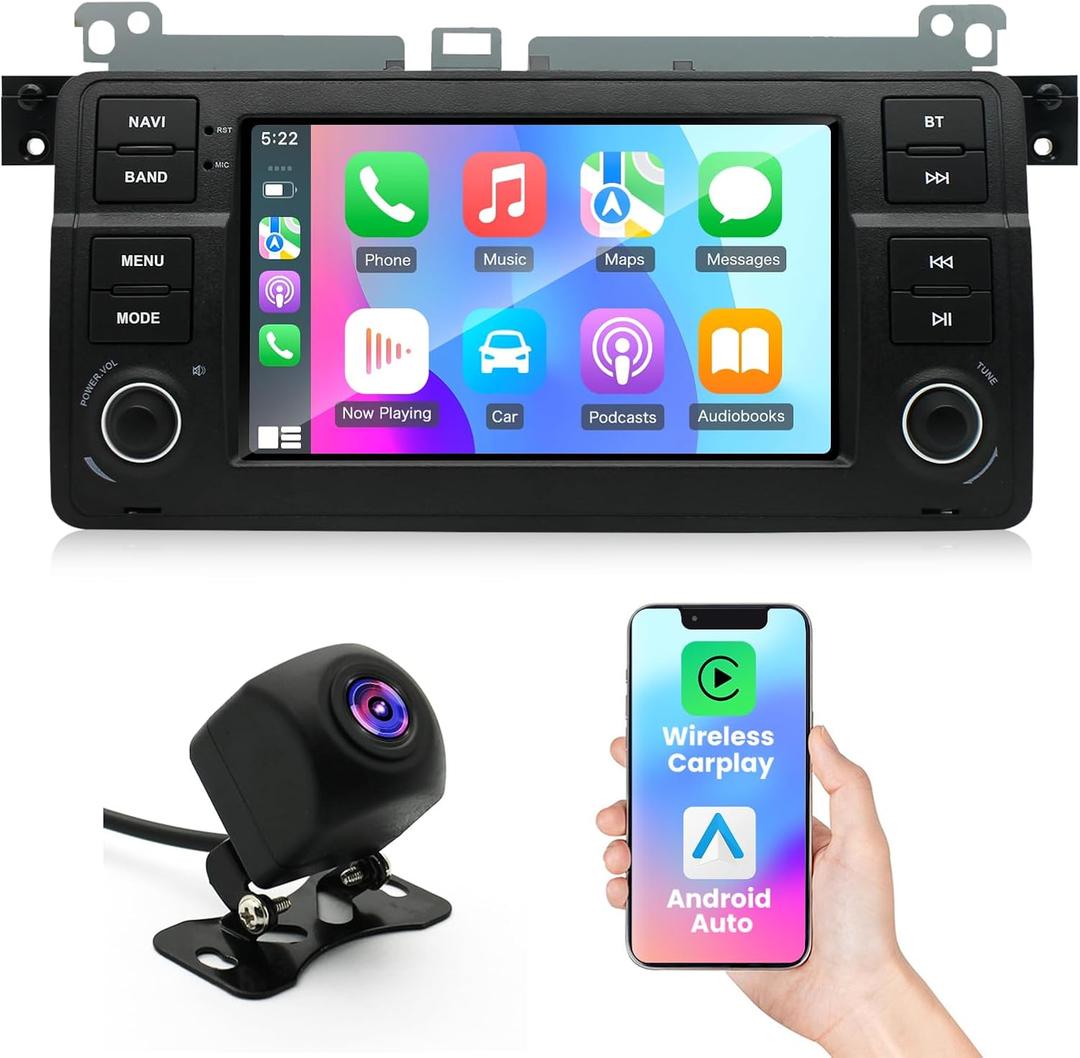 Android 14 Car Stereo Radio for BMW E46 1998-2005 4+64G Radio with Wireless CarPlay/Android Auto, 7" IPS HD Touch Screen Radio with WiFi/GPS/Bluetooth/Mirror Link/FM/USB/SWC/Backup Camera