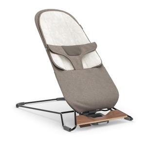 UPPAbaby Mira Bouncer/Portable 2-in-1 Bouncer + Seat Grows with Your Baby/GREENGuard Gold, JPMA + FSC Certified/Cozy Seat Liner + Storage Bag Included/Wells (Taupe Mlange/Black Chrome/Walnut Wood)