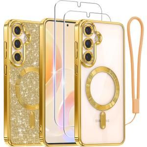 3 x Meifigno Designed for Samsung Galaxy S25 Plus Case, [Compatible with MagSafe] [2X HD Screen Protectors] [Glitter Card & Wrist Strap] Surround Raised Lens Protection Case for S25 Plus 6.7", Gold