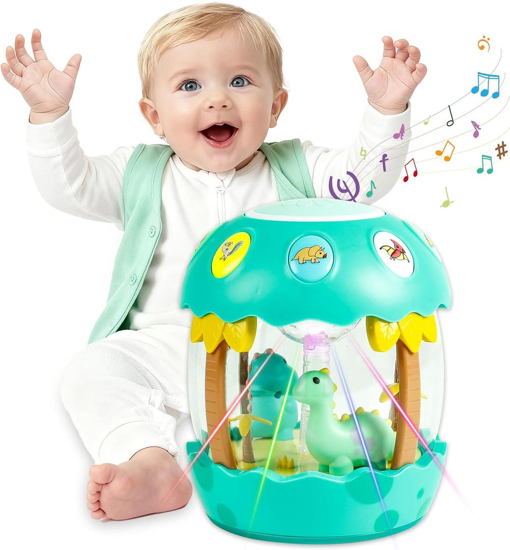 M SANMERSEN Baby Boy Toys 6-12 Months, Dinosaur Rotating Light Up Musical Baby Toys for 0-6 12-18 Months Newborn Infant Crawling Tummy Time Toys, Birthday Easter Gifts for Baby Boys- Green