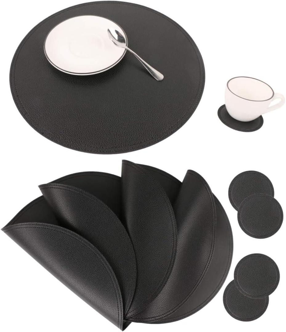 Faux Leather Round Placemats and Coasters, Disko Table Mats and Drink Spills Coasters, Easy to Clean, Double Stitched for Kitchen Dining Table, Diameter 13''and 3.9