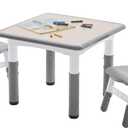 DOREROOM Kids Table and 2 Chairs Set, Height-Adjustable Toddler Table and Chairs Set with Graffiti Desktop, 23.6''L x 23.6''W Children Activity Table for Daycare, Classroom, Home, Grey-w