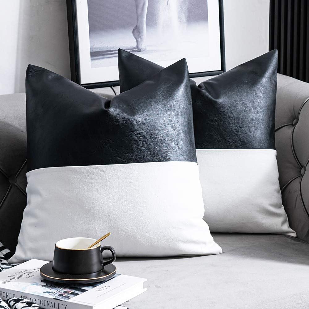 DEZENE Faux Leather with 100% Cotton Decorative Throw Pillow Covers for Couch Bed Sofa, Set of 2 18 x 18 inch Modern Home Decor Accent Square Bedroom Living Room Cushion Cases Cognac, Black and White