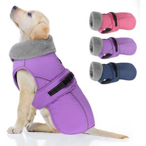 PETDSH Dog Coat, Windproof Dog Jacket with Warm Fleece Lining, Thickened Collar Dogs Winter Coat, Adjustable Reflective Pet Coats for Cold Weather (Purple, Small)