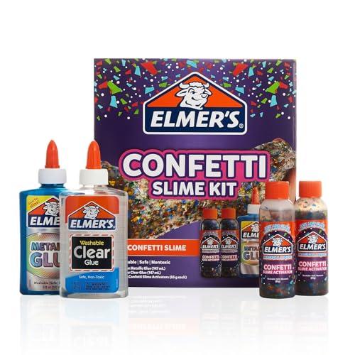 Elmer’s Confetti Slime Kit, Slime Supplies Include Metallic Glue, Clear Glue, Confetti Magical Liquid Activator, 4 Count - Perfect for Parties, Gift, Kids Activity Time