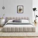 Chenille Queen Floor Bed Frame with Thick Headboard for Bedroom Guest Room, Upholstered Grounded Bed & Wooden Slats Support Mattress Foundation, No Box Spring Needed/Easy Assemble/Noise-Free, Beige