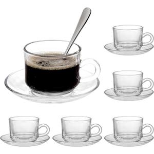 Glass Tea Cups and Saucers Set of 6, Clear Coffee Mugs with Stainless Steel Spoon, Dishwasher & Microwave Safe Teacups for Espresso Cappuccino Latte Tea Juice, 6OZ/180ML