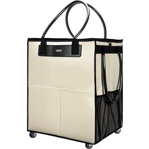Large Reusable Grocery Bag on Wheels, Foldable Rolling Tote Bag with Detachable Roller (Beige)