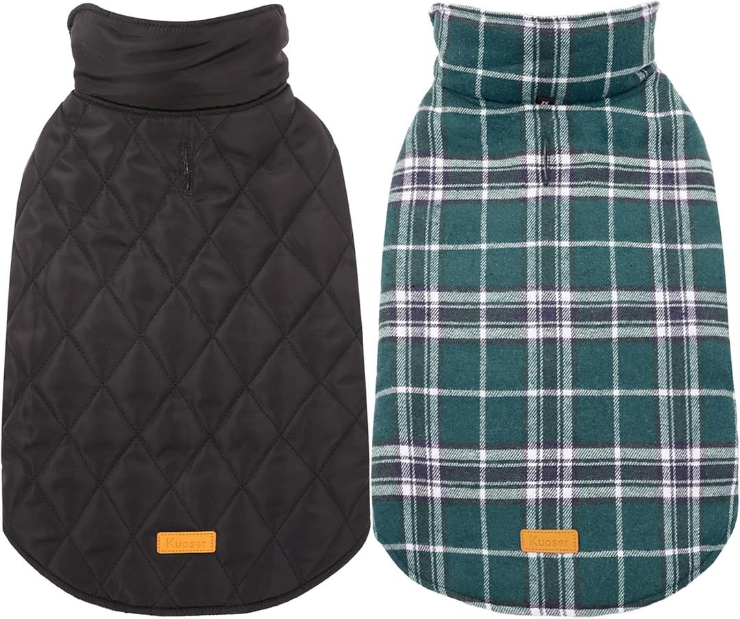 Kuoser Warm Reversible Dog Coat - Waterproof Winter Jacket, British Style Plaid Cold Weather Clothes, Cozy Snow Vest for Small Medium Large Dogs - Green XXL (2X-Large (Pack of 1), Green)
