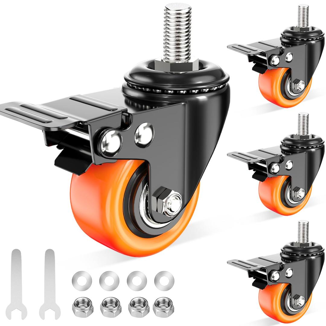 Caster Wheels Heavy Duty 2 Inch Stem Caster 600Lbs, Threaded Stem Casters 3/8"-16 x 1(Stem Diameter 3/8", Stem Length 1"), Safety Locking Caster Set of 4, Industrial Castor Wheels for Cart,Furniture