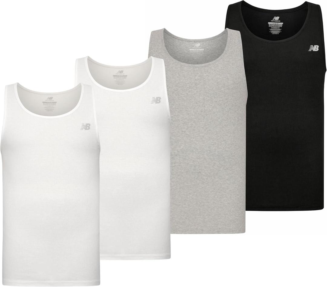 New Balance Men's Cotton Performance Rib Tank Top (Pack of 4) (Large, White/Light Heather Grey/Black/White)