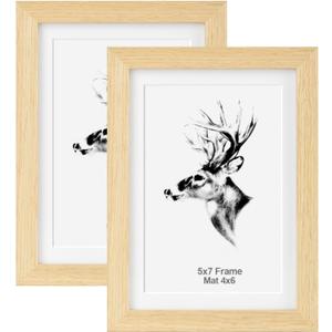 Yaetm 5x7 Oak Picture Frame with Mat for 4x6 Set of 2, Natural Solid Wood Photo Frames 5x7 with Tempered Glass, Display on Tabletop or Wall Mounting (2 Pack, Oak)