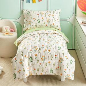 Joyreap 4 Piece Cotton Toddler Bedding Set for Girls, Yellow Flowers Green Leaves on White, Soft Breathable Toddler Comforter Set, Includes Quilted Comforter, Fitted Sheet, Top Sheet, and Pillow Case (Floral Green 02)