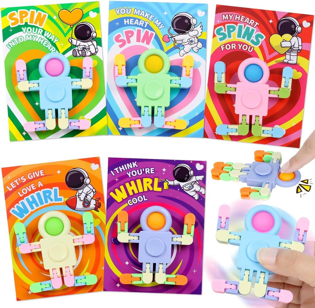 SANANT Valentines Day Gifts for Kids, 30 Pack Astronaut-Shaped Fidget Spinner POP Toys with Greeting Card for Kids Classroom Exchange, Valentine Prizes for Boys Girls School Party Favor