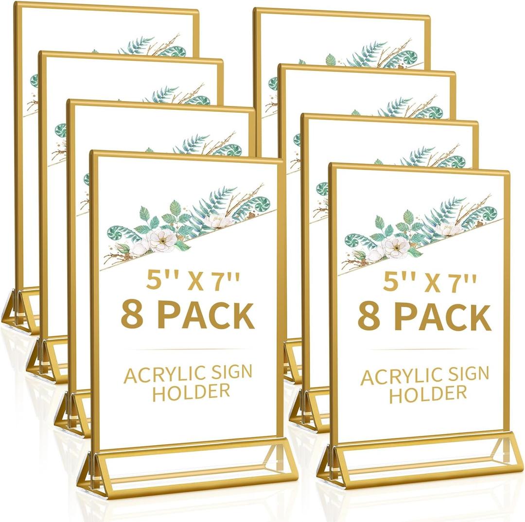 Smarpau Acrylic Gold Sign Holder 5x7 Table Number Holders Double-Sided Display Stand Picture Frames Menu Holder Flyer Stands Photo Holders for Wedding Tables Display(8Pcs)