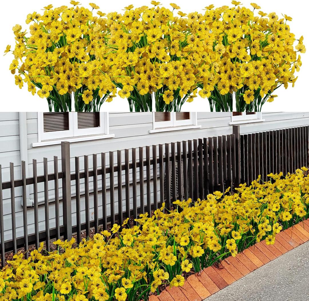 21 Bundles Artificial Outdoor UV Resistant Flowers No Fade Fake Outside Flowers Plastic Greenery Faux Shrubs Garden Porch Window Box Home Decoration (Yellow)