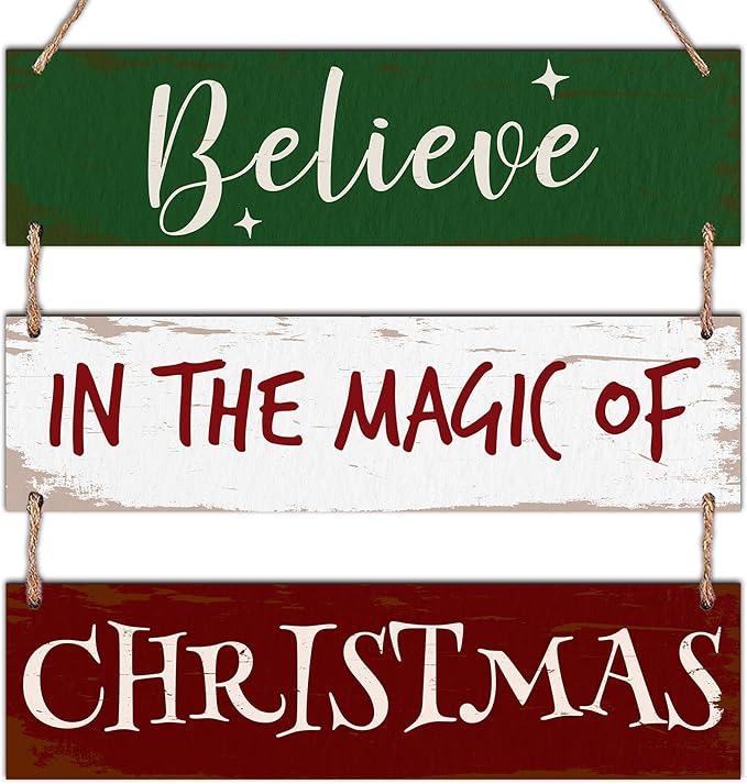 3Pcs Merry Christmas Hanging Sign With Rope -Believe In The Magic Of Christmas -Wooden Xmas Decor For Front Door Porch Decorations, Xmas Wall Decor And Accessories- A09