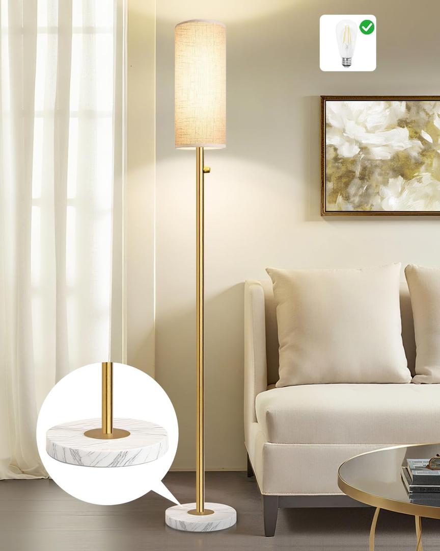 Gold Floor Lamp,Modern Floor Lamps for Bedroom,Standing Lamp with Marble Base,LED Bulb Included,Tall Dimmable Floor Lamp for Living Room,Bedroom,Office,Reading and Nursery