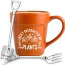 Easily Distracted By Plants Mug, Funny Gardening Gift with Shovel Spoon & Fork, Plant Lover Coffee Cup for Women, Mom, Grandma, Unique Teacher Appreciation and Birthday Gift