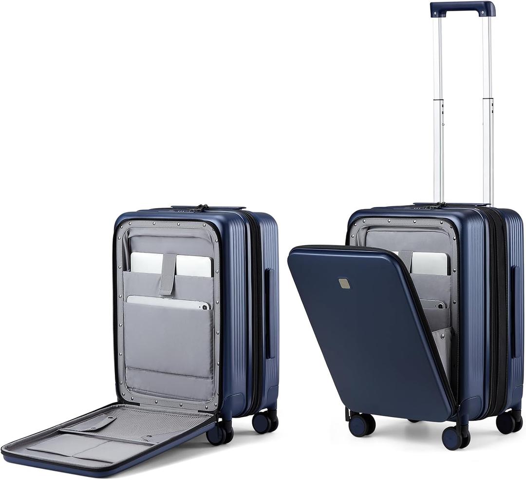 Hanke Grace Expandable Carry On Luggage with Wheels Airline Approved Hard Shell Suitcases with Front PocketTop Opening Luggage with TSA Lock for Short Business Travel, Dark Blue.