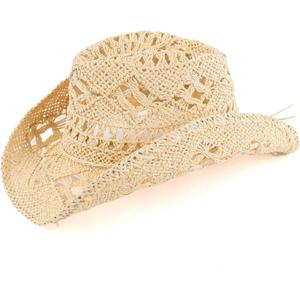 thuizen Men's and Women Western Summer Lightweight Breathable Hollow Woven Straw Cowboy Cowgirl Sun Hat (Beige)