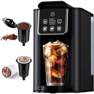 Hot & Iced Coffee Maker with Bold Setting, Single Serve Coffee Maker for K Cup and Grounds, 6-14 Oz Brew Sizes, 50 Oz Removable Water Tank, One Cup Coffee Machine with Reusable Filter, Black