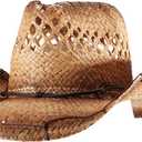 Straw Cowboy Cowgirl Hats for Women Men Summer Beach Sun Hat Panama Wide Brim Western (Medium, Tea Stain - Handmade Lines)