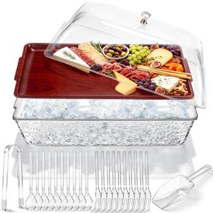 Baderke 16" x 9" Chilled Serving Tray for Parties with lids Compartments Ice Chilled Party Platter Charcuterie Serving Board Cold Dish Dip with Tongs for Fruit Seafood Vegetable (Dark Wood)