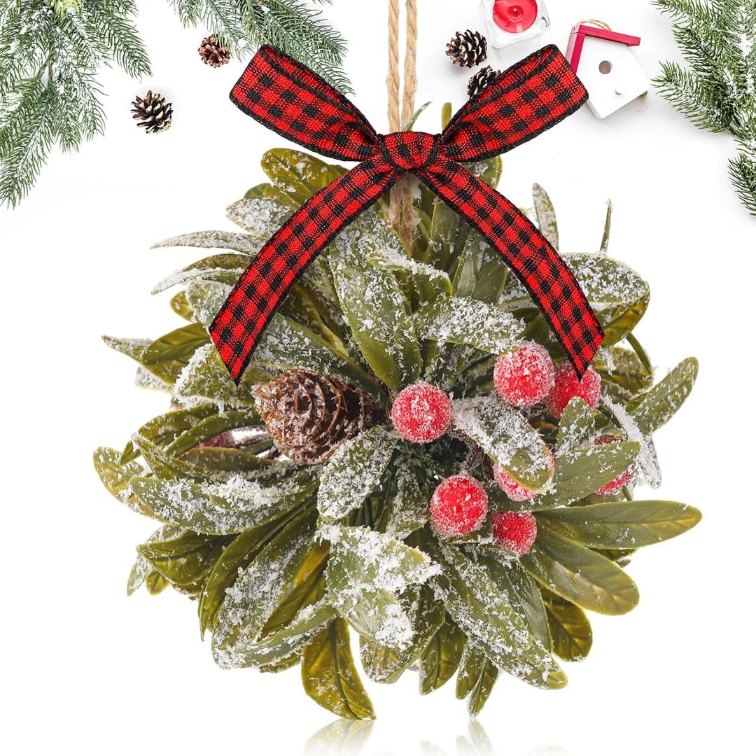 Wettarn Christmas Mistletoe Decor Artificial Kissing Ball Ornament with Bow Berries Hanging Mistletoe Decoration Natural Pine Cone Decor for Doorway Home Christmas Tree(Red and Black Plaid)