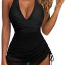 SUUKSESS Women Sexy One Piece Swimsuit Tummy Control Bathing Suit Mesh Swimdress (Black) XL