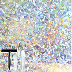 rabbitgoo Window Privacy Film Stained Glass Rainbow 3D Prism Decorative Iridescent Window Sticker Static Cling Suncatcher UV Protection for Home Heat Control, 17.5" x 78.7" (Clear)