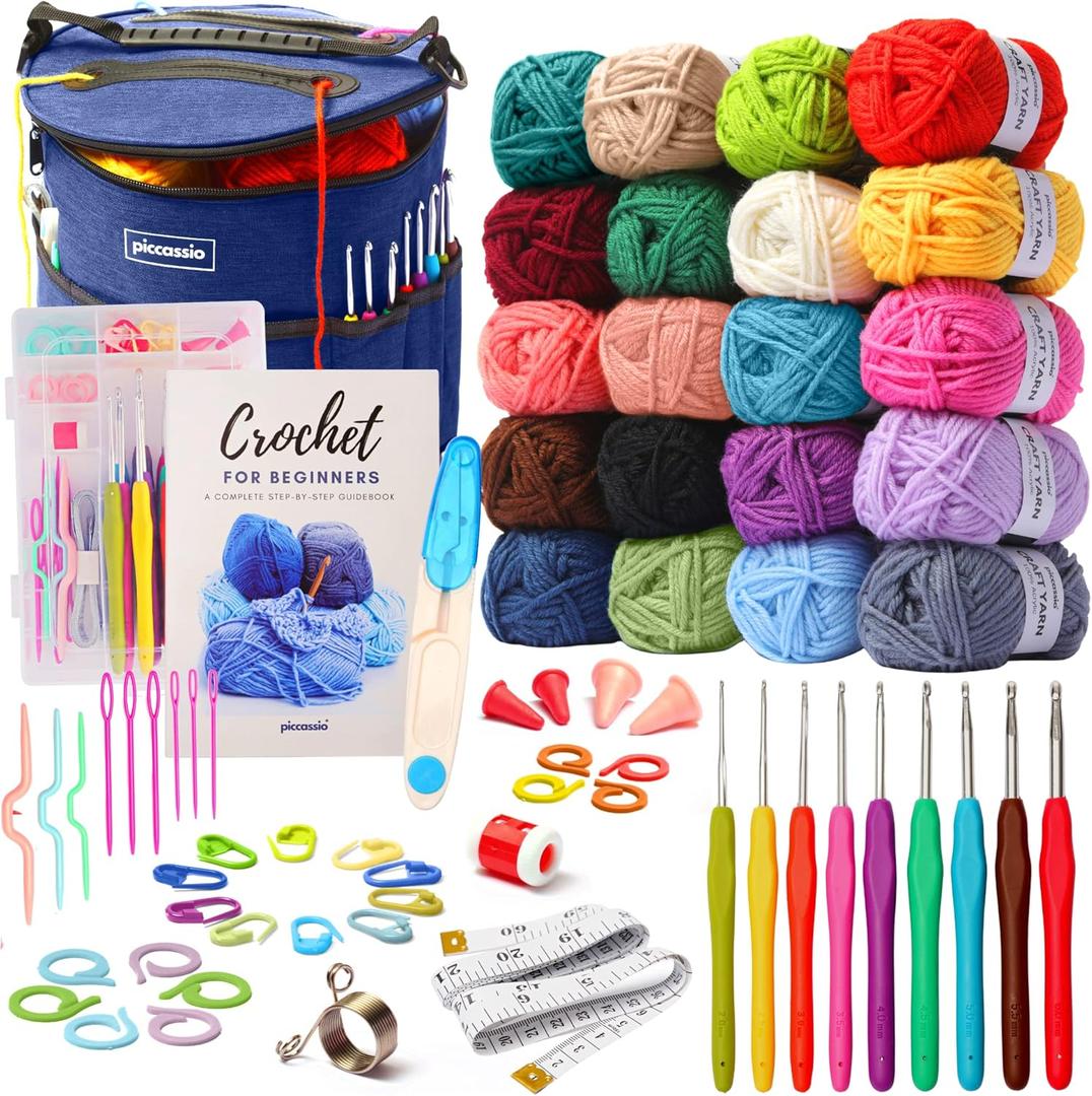 Piccassio Crochet Kit for Beginners  Complete Starter Set for Adults & Teens with 20 Yarn Colors, Hooks, Book & Organizer Bag  Learn to Make Amigurumi, Plushies & Handmade Gifts (All-in-One Kit)