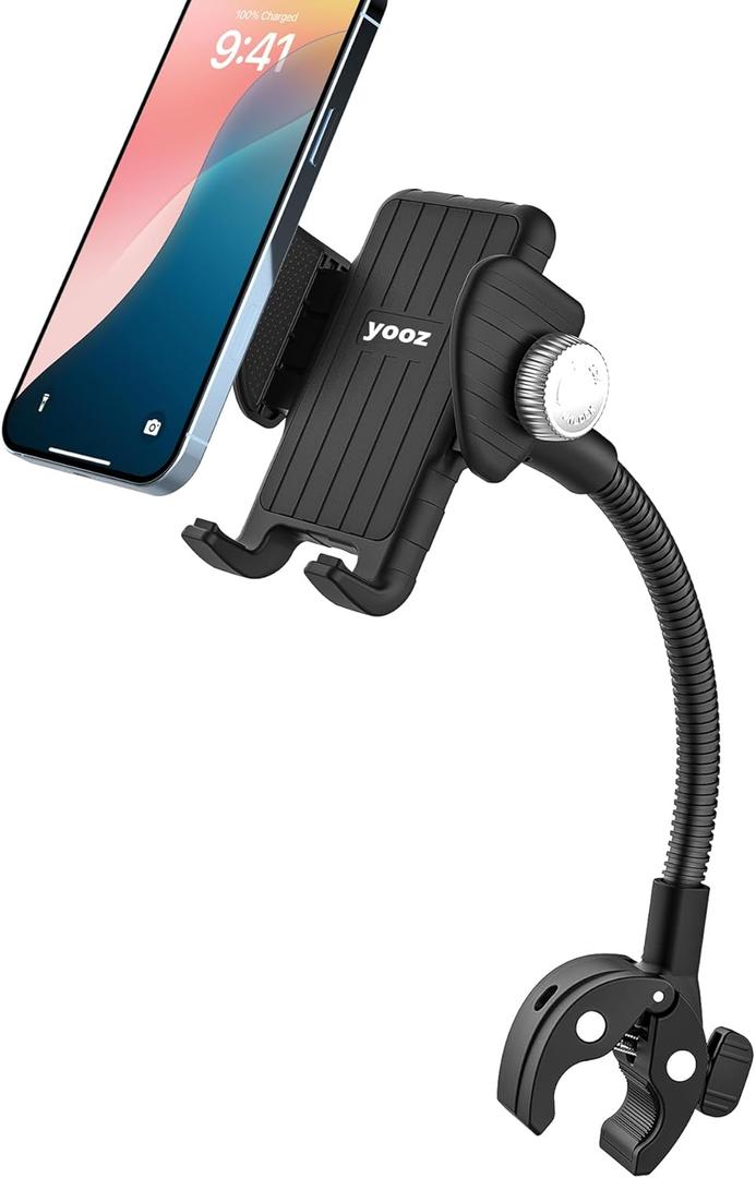 YOOZ Bike Stroller Phone Mount Gooseneck [Super Stable] Wheelchair Boat Shopping Cart Phone Holder, Pole Bar Tube Handlebar Clamp for iPhone 16 15 14 Pro Max, Galaxy S24, All 47" Smartphone