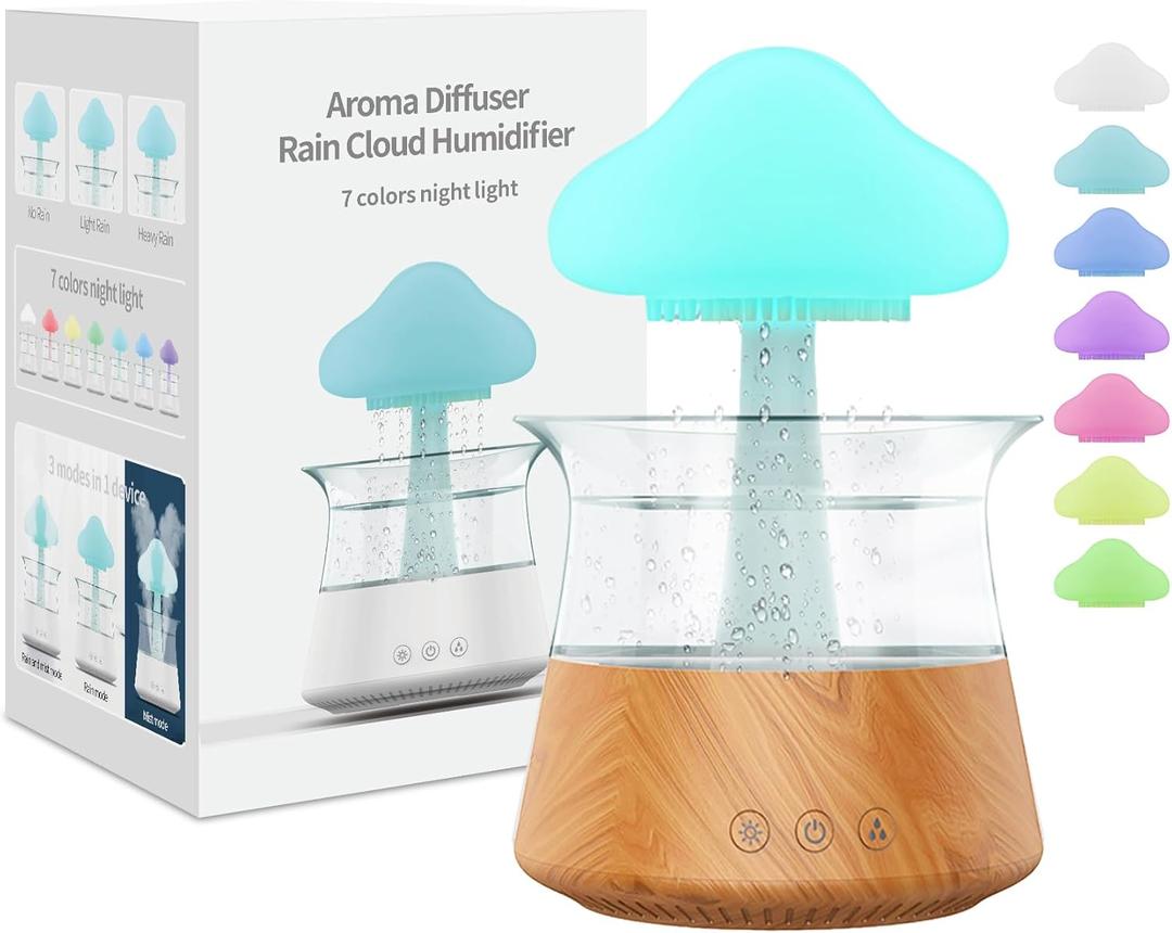Rain Water Drop Humidifier - Mushroom Cloud Lamp Humidifier, Essential Oil Diffusers, 300ml White Noise Aromatherapy Diffusers with 7 Colors Cloud Lights for Home, Large Room, Office - Wood Grain