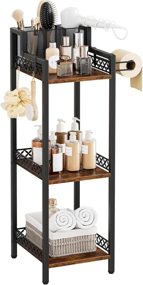 3-Tier Bathroom Shelf Organizer with Hair Dryer Holder and Toilet Paper Hook, 9.85" Slim Metal Stand for Small Spaces, Holds 50lbs - Freestanding Storage for Towels, Toiletries (Black)